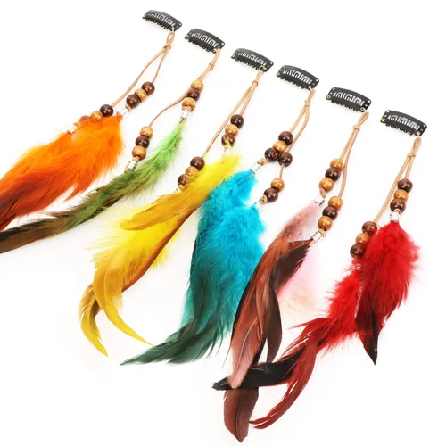 Miniatura 4 de MWOOT 6 pinzas para el pelo de plumas, extensiones de cabello bohemias hechas a mano con peine de clip, horquilla hippie bohemia, pluma, cuerda