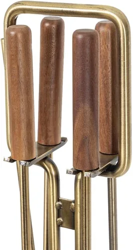 Miniatura 3 de Modern Ember Levi - Juego de herramientas para chimenea de 5 piezas en latón envejecido con asas de madera de nogal, incluye cepillo, pala, póquer