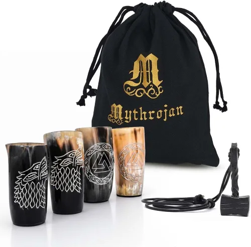 Miniatura 19 de Mythrojan Cuerno vikingo para beber 100% natural, auténtico, decoración de latón, cuerno nórdico con funda de cuero negro, bolsa de lona para vino