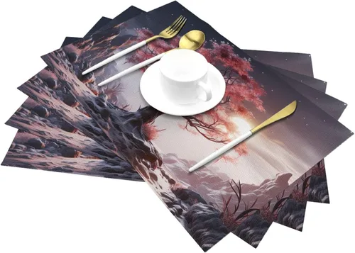 Miniatura 6 de 6 PCS PVC Placemats Set Place Mats Big Tree Growing on Pile of Stones Non-Slip Weave Place Mats 12" x 18" Farmhouse Table Mat Set for Family Dinners