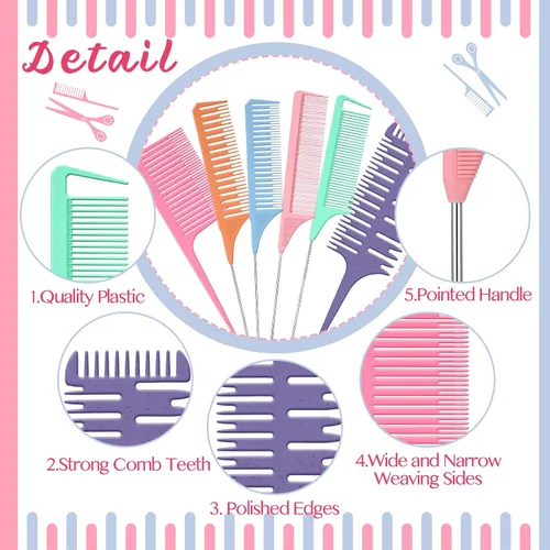 Miniatura 3 de Patelai Juego de 6 peines de resaltado, peine para tejer el cabello, corte seccionado, cola de rata, peinado para reflejos, balayage, coloración