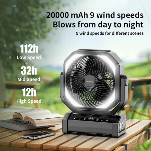 Miniatura 2 de Socool Ventilador de campamento con luz, ventilador de batería recargable de 20000 mAh, tiempo máximo de funcionamiento de 112 horas, 9 velocidades
