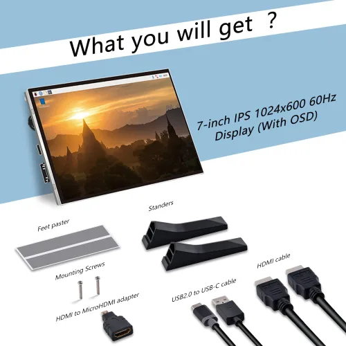 Miniatura 9 de GeeekPi Monitor de 7 Pulgadas para Raspberry Pi, Pantalla LCD IPS de 1024x600, Monitor Portátil HDMI para Pi 5/4B/3B+/3B, Win11/10/8/7, Sin