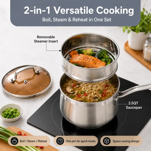 Miniatura 2 de Cacerola de acero inoxidable de 2.5 cuartos de galón con cesta de vapor y tapa de vidrio, olla de sopa pequeña de grado alimenticio de 18/8