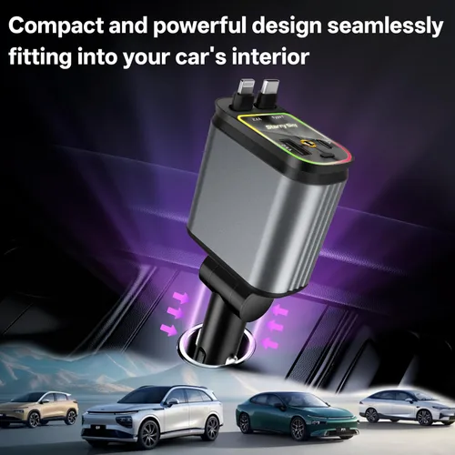 Miniatura 7 de Cargador de Coche Retráctil, Cargador de Coche de Carga Rápida 4 en 1 Compatible con USB-C y USB-A para iPhone 16/15/14/13/12/11/X, Galaxy, Pixel