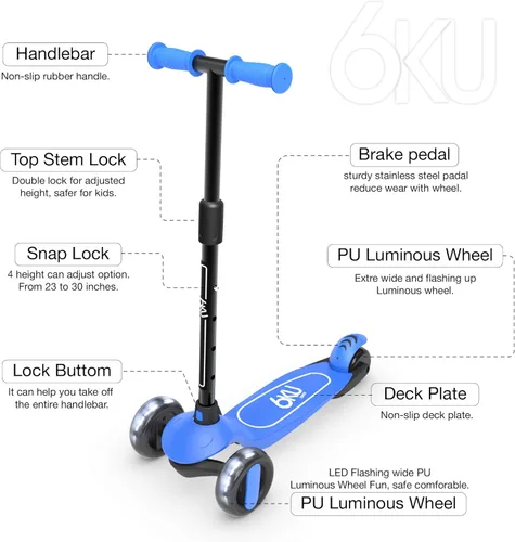 Miniatura 2 de 6KU - Patinete para niños de 3 a 10 años con ruedas flash, scooter infantil de 4 alturas ajustables, ruedas LED de poliuretano extra anchas, scooter