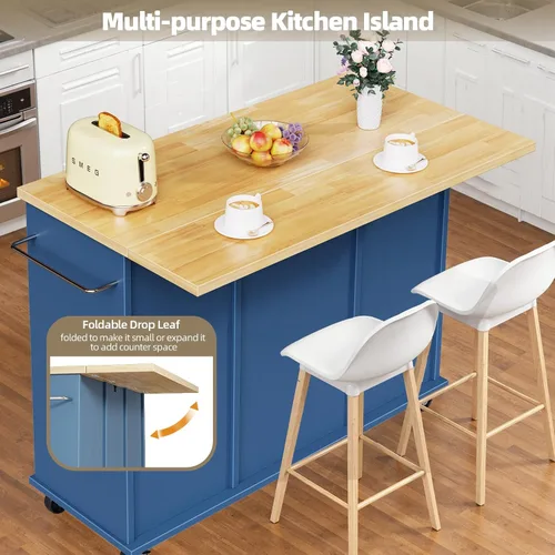 Miniatura 3 de SUNLEI Carrito de isla de cocina rodante con ruedas, mesa de isla para cocina, carrito de cocina de granja con hojas colgantes y toallero y cajón