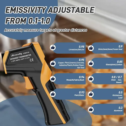 Miniatura 4 de Termómetro infrarrojo láser pistola de temperatura -58℉ a 1112℉, con calibración Cal y emisividad ajustable, medida mínima y máxima, para cocinar