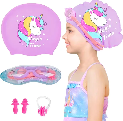 Miniatura 12 de Gorros de natación para niñas (de 2 a 6 años), gorro de natación de silicona impermeable duradero para cabello corto con gafas de natación, tapón