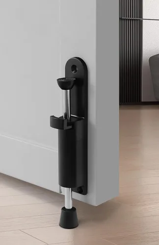 Miniatura 7 de Tope de puerta Kickdown, paquete de 2 topes de puerta fáciles de escalonar, con resorte, telescópico, para poner y quitar, de goma, ajustable, Negro