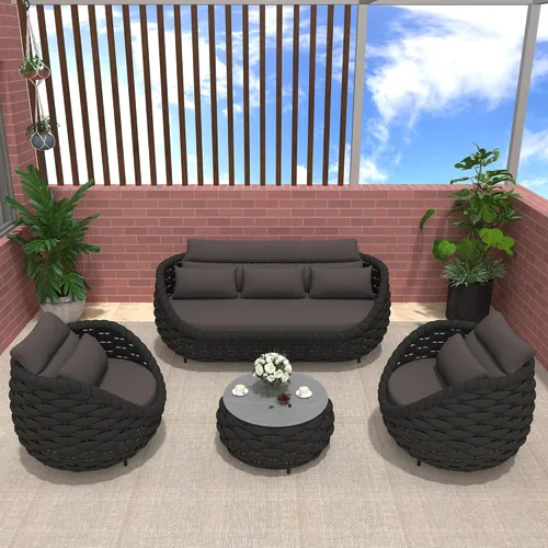 Miniatura 38 de TWT 3-Piece Woven Rope Patio Furniture Set, 2 Outdoor Armchairs with Soft Cushions + Round Aluminum Coffee Table, All-Weather Conversation Set for