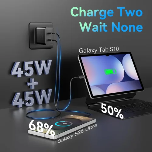 Miniatura 5 de Cargador súper rápido de 45 W, 2 puertos tipo C, carga rápida, cable USB C de 6.6 pies con bloque de cargador de teléfono Android para Samsung