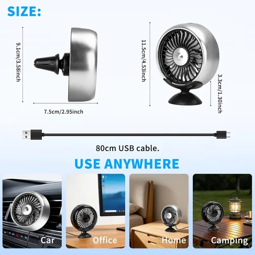 Miniatura 8 de Kwak's Ventilador de ventilación USB para montaje de ventilación de aire, ventilador de clip para automóvil con luz LED, 3 modos de viento, giro
