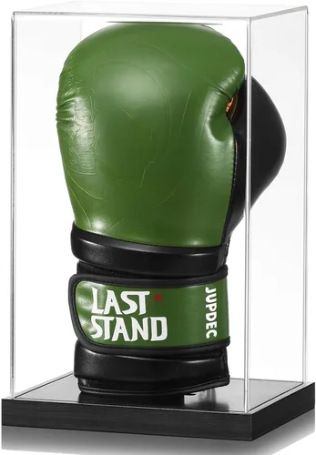 JupDec - Caja de exhibición para guante de boxeo, vitrina de acrílico transparente con base de madera y tabla para un guante, de tamaño completo con