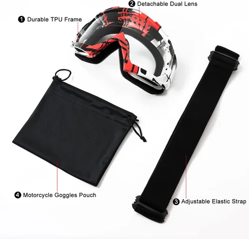 Miniatura 5 de FMY Gafas de motocross para hombres, mujeres y jóvenes, antiarañazos, a prueba de polvo, UV400 ATV Lente negro y rojo-transparente