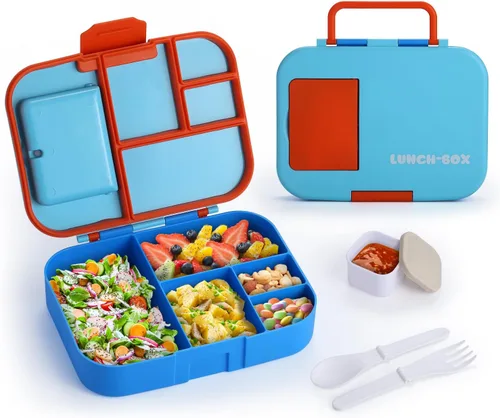 QQKO Lonchera Bento para niños, lonchera para adultos, contenedores para niños y niñas con 5 compartimentos, contenedor de comida con utensilios,