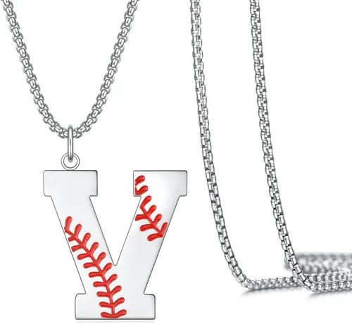 Miniatura 7 de VEEHOO Collar de béisbol para hombres y niños, letra inicial de la A a la Z, joyería de béisbol con colgante de joyería de béisbol para niños