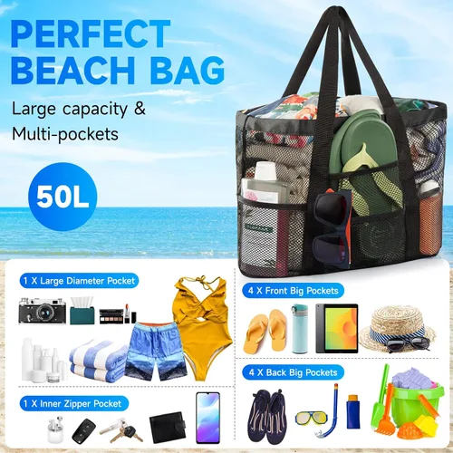 Miniatura 2 de Bolsa de playa de malla, bolsa de playa para mujer, impermeable, a prueba de arena, con bolsa de maquillaje de malla, artículos esenciales