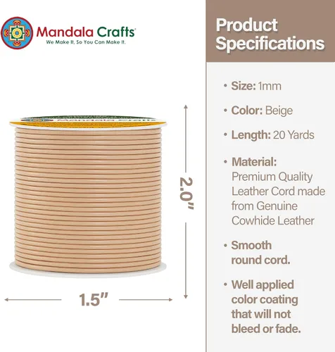 Miniatura 4 de Mandala Crafts Cordón Redondo de Cuero de Piel de Vaca Genuino Beige para Fabricación de Joyas Kumihimo Carrete de Cuerda de Cuero - Cordón