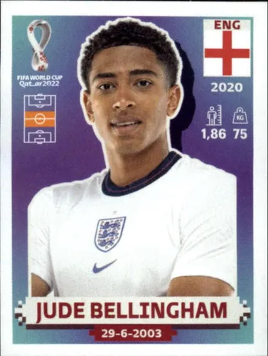 Calcomanías de fútbol Panini World Cup Qatar #ENG11, Jude Bellingham Inglaterra, grupo B, con licencia oficial de 2022 (pequeño, papel delgado,