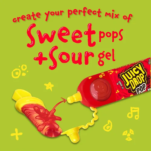Miniatura 2 de Juicy Drop Paletas de caramelo ácido, 9 unidades de paletas dulces con gel agrio en varios sabores afrutados, tamaño completo, paquete variado