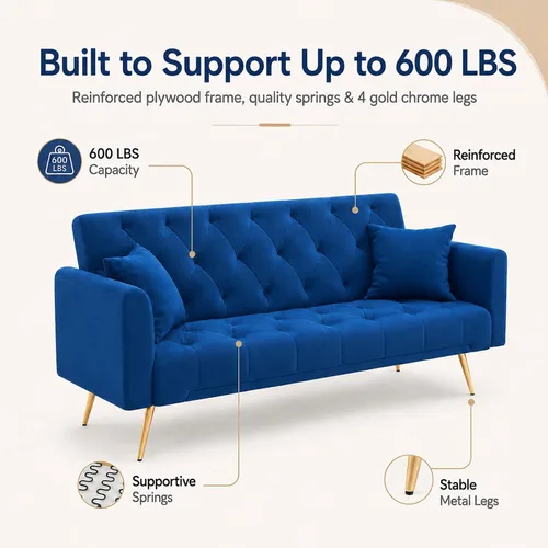 Miniatura 9 de Majnesvon Sofá cama plegable convertible de 71 pulgadas, moderno sofá biplaza de terciopelo con 2 almohadas, sofá cama futón con colchón y marco Azul
