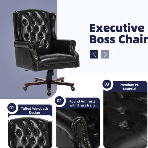 Miniatura 4 de ECOTOUGE Silla de escritorio ejecutiva mejorada 2026, silla de oficina en casa con respaldo de alas de cuero con ribete de cabeza de clavos y Negro