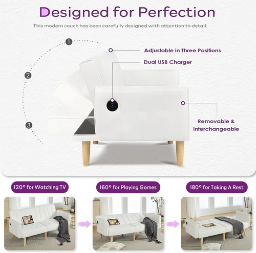 Miniatura 4 de TYBOATLE Sofá Cama Futon Plegable Convertible Tapizado en Cuero Sintético Blanco Moderno con USB, Sofá de 65", Muebles Sillones de Dos Plazas