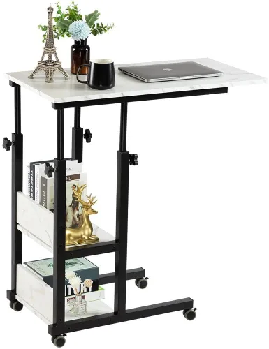 Miniatura 10 de Hadulcet Mesa C Ajustable con Estación de Carga, Escritorio Inclinable Mesa Auxiliar en Forma de C para Sofá, Soporte sobre Cama con Ruedas