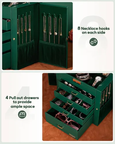 Miniatura 32 de Homde Regalos de Navidad de cuero sintético, enorme joyero, organizador de reloj con espejo, collar, anillo y aretes, estuche de regalo con Dorado
