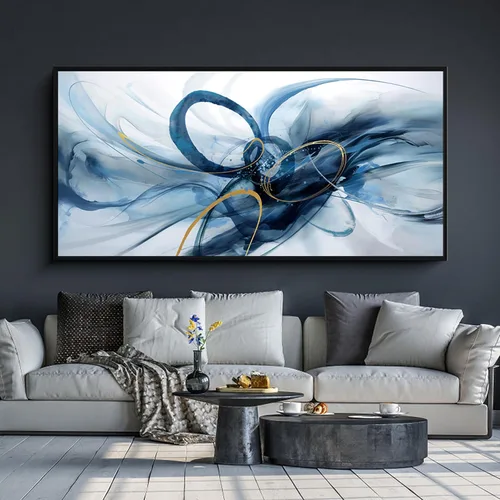 XLSJERST Arte abstracto de pared para sala de estar, lienzo grande, azul y blanco, minimalismo moderno, obra de arte horizontal para dormitorio,