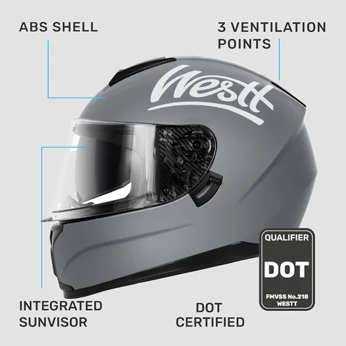 Miniatura 2 de Westt Cascos de Motocicleta Compactos – con Doble Visera, Aprobado por DOT, Casco Integral para Hombres, Mujeres y Adultos, Ligero Storm X Gris
