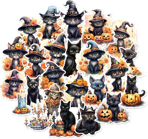 100 calcomanías de gato negro y bruja, calcomanías de calabaza horrible para álbumes de recortes, diario basura, collages, recuerdos de fiesta de