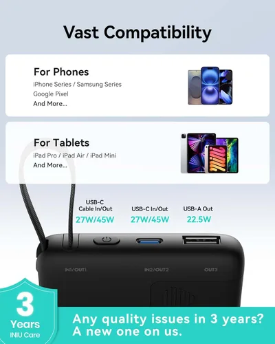 Miniatura 7 de INIU Banco de energía de 45 W, cargador portátil más delgado de 10000 mAh con cable USB-C integrado, batería de entrada y salida USB C de carga Negro