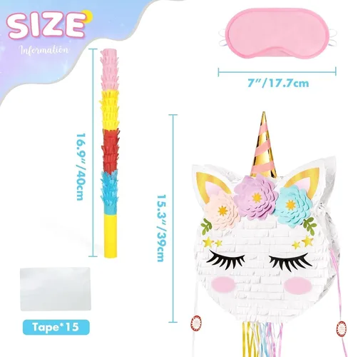 Miniatura 3 de Piñata plegable de unicornio, suministros para fiesta de cumpleaños, piñata extensible con bate y flecos, decoración de fiesta temática, piñatas