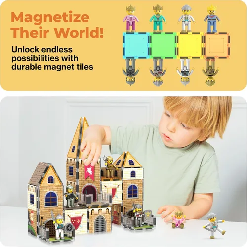 Miniatura 7 de PicassoTiles 70 piezas Edad Media Medieval y Tema de Castillo 2 en 1 8 Figuras de Acción de Personajes Imantados Ladrillos de Construcción Medieval