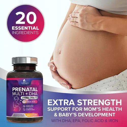 Miniatura 6 de Vitaminas prenatales con ácido fólico y DHA, apoyo al desarrollo cerebral fetal con folato y omega 3, multivitamínico prenatal para mujeres