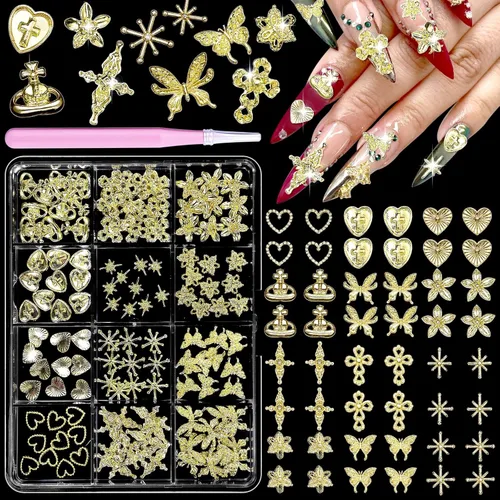 120 dijes de uñas dorados, corazón de estrella de metal 3D, flores de cruz dorada y dijes de la Virgen María para uñas acrílicas, accesorios de
