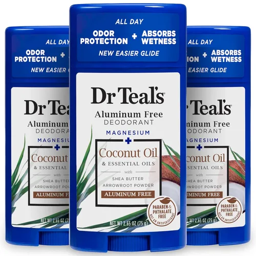 Dr Teal's Desodorante sin aluminio, aceite de coco con aceites esenciales, 2.65 onzas (paquete de 3)