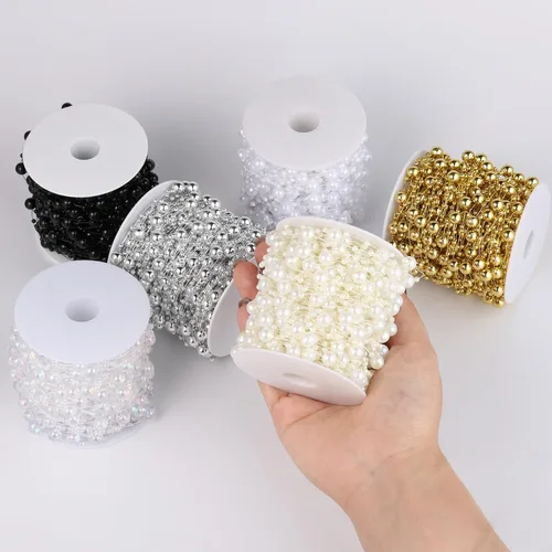 Miniatura 4 de Cadikez Cadena de 98 pies de cuentas de perlas, rollo de cuentas de perlas de imitación negras de 8 mm y 3 mm a granel para decoración de flores