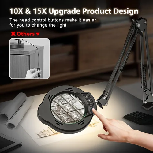 Miniatura 6 de Lupa con luz y abrazadera, lámpara de aumento de escritorio de 15X 10X, lupa de lente de cristal real de 84 LED, 5 modos de color regulable sin