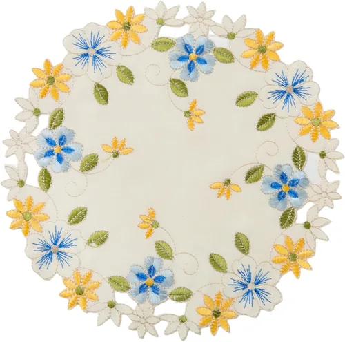 Miniatura 12 de Paquete de 2 tapetes redondos de encaje, manteles individuales florales amarillo azul con bordado calado, bases para jarrones para decoración