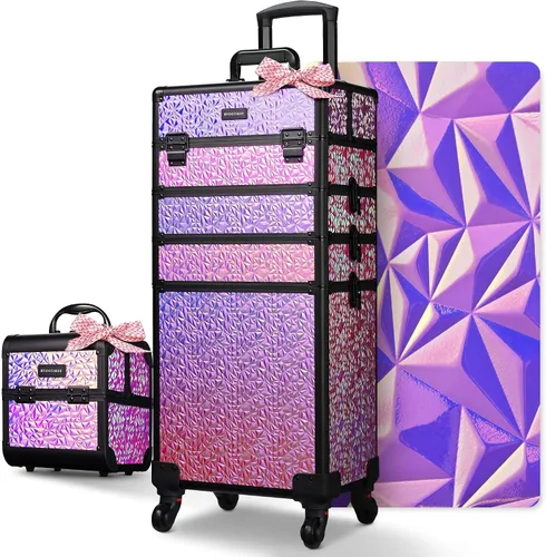 Miniatura 40 de BYOOTIQUE estuche rodante para maquillaje 4 en 1, con cerradura, maletín tipo trolley para cosméticos, con 4 ruedas extraíbles, organizador de viaje