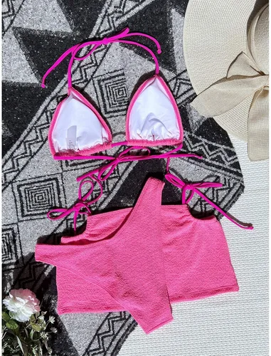 Miniatura 5 de GIANTHONG Conjunto de bikini de cintura alta con cuello redondo y espalda cruzada para mujer, traje de baño de tres piezas con estampado de vaca