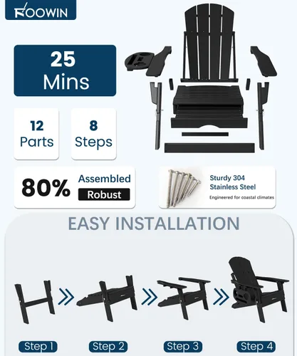 Miniatura 8 de FOOWIN Silla Adirondack plegable ajustable con otomana retráctil, silla Adirondack de polietileno de alta densidad con bandejas 4 en 1, resistente a