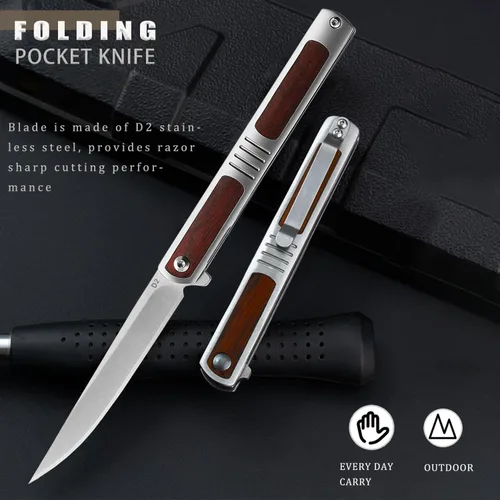 Miniatura 5 de Cuchillo de bolsillo para hombres, cuchillo plegable con clip, con hoja de acero D2, cierre de seguridad, cuchillo afilado para supervivencia