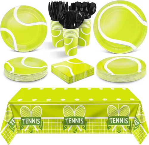 durony 169 piezas de suministros de fiesta de tenis incluyen 48 platos de postre de tenis, 24 vasos de papel de tenis, mantel de plástico, 24