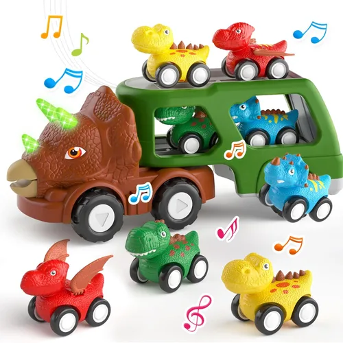 newcrave Coche de dinosaurio 5 en 1 para niños pequeños, juguete para niños de 1, 2, 3, 4, 5 años, camión de dinosaurios para niños pequeños de 1-3,