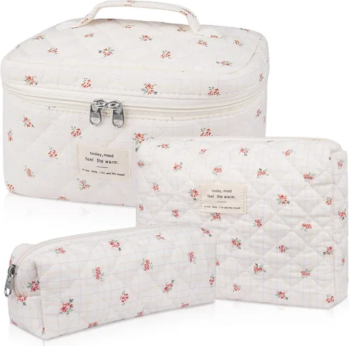 Miniatura 19 de Set de bolsas de maquillaje, bolsa de maquillaje acolchada, bolsa de cosméticos floral grande para mujeres, lindas bolsas de maquillaje de algodón