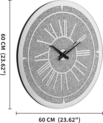 Miniatura 4 de SHYFOY Reloj de pared de diamante triturado, reloj de pared redondo de lujo de 24 pulgadas con cristal de espejo, números romanos elegantes